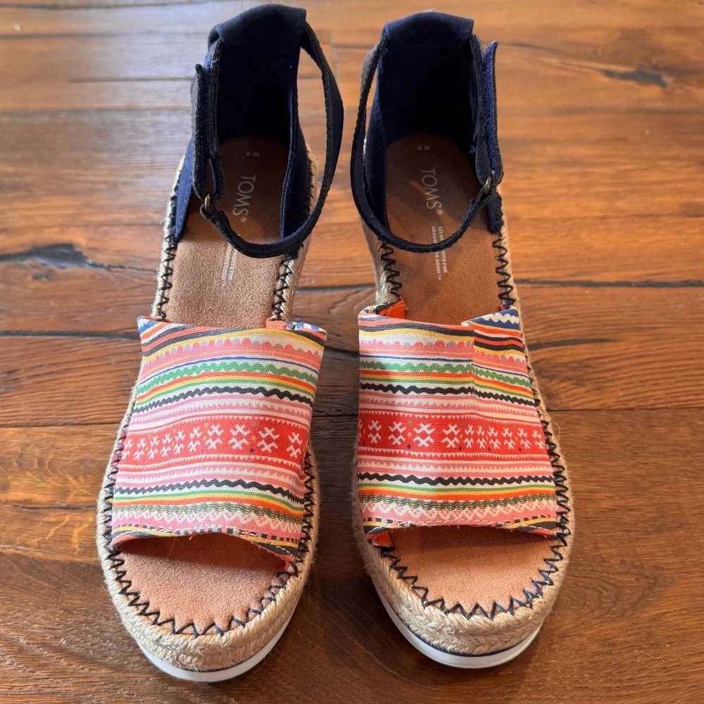 TOMS Monica Navy Multi Color Woven Espadrille Wedge Sandals Womens 9M